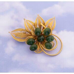 Vintage Art Gold Tone Filigree Leaves With Green Jade Cabochons Brooch - S14